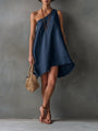 One-Shoulder Mini Dress, Navy Blue — view 2