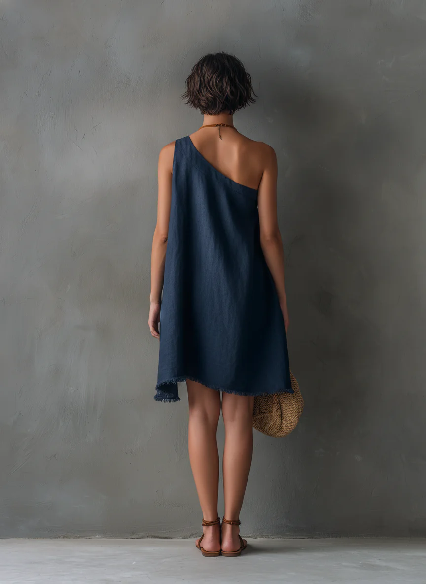 One-Shoulder Mini Dress, Navy Blue — view 4