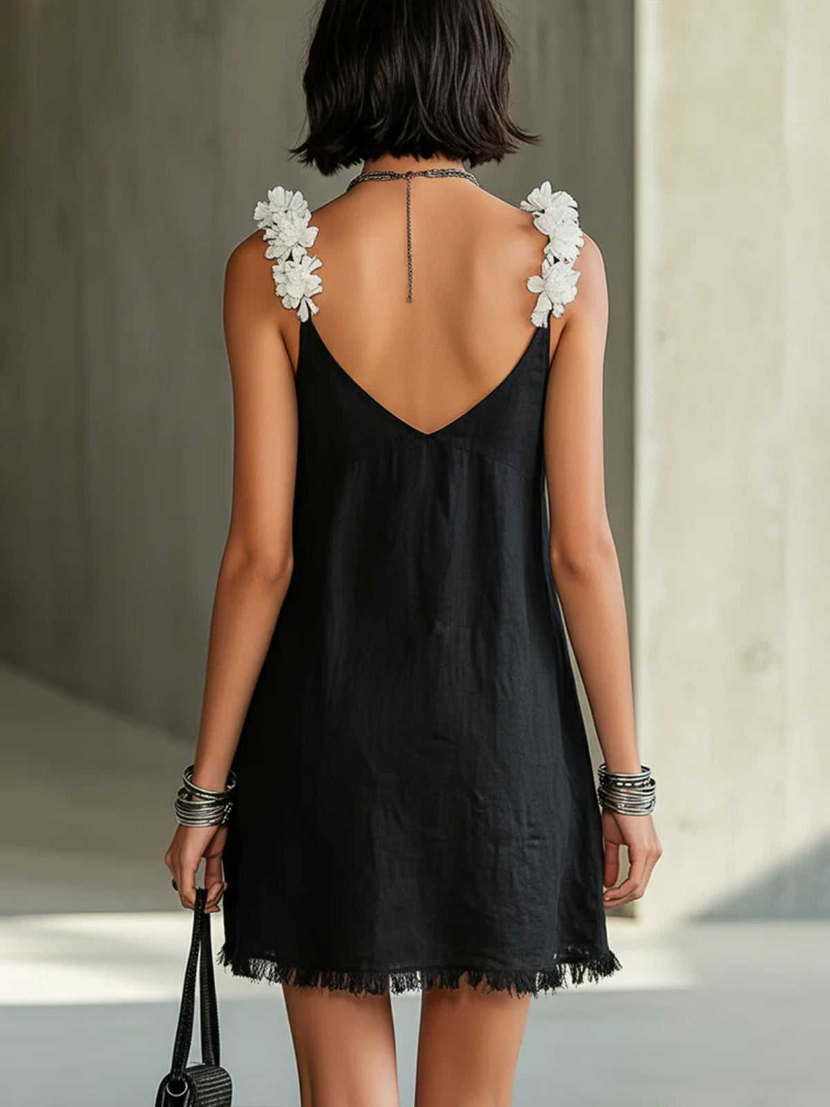 Black Mini Dress with V-Neck and White Flowers — view 3