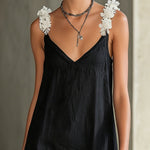 Black Mini Dress with V-Neck and White Flowers — view 4
