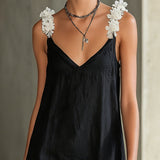 Black Mini Dress with V-Neck and White Flowers — view 4