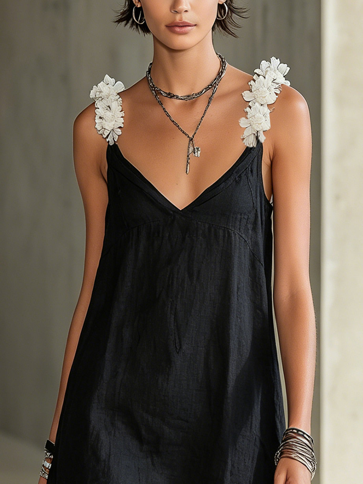 Black Mini Dress with V-Neck and White Flowers — view 4