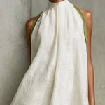 Sleeveless A-Line Mini Dress, White with Olive Green — view 4