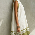 Sleeveless A-Line Mini Dress, White with Olive Green — view 2