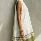 Sleeveless A-Line Mini Dress, White with Olive Green — view 2