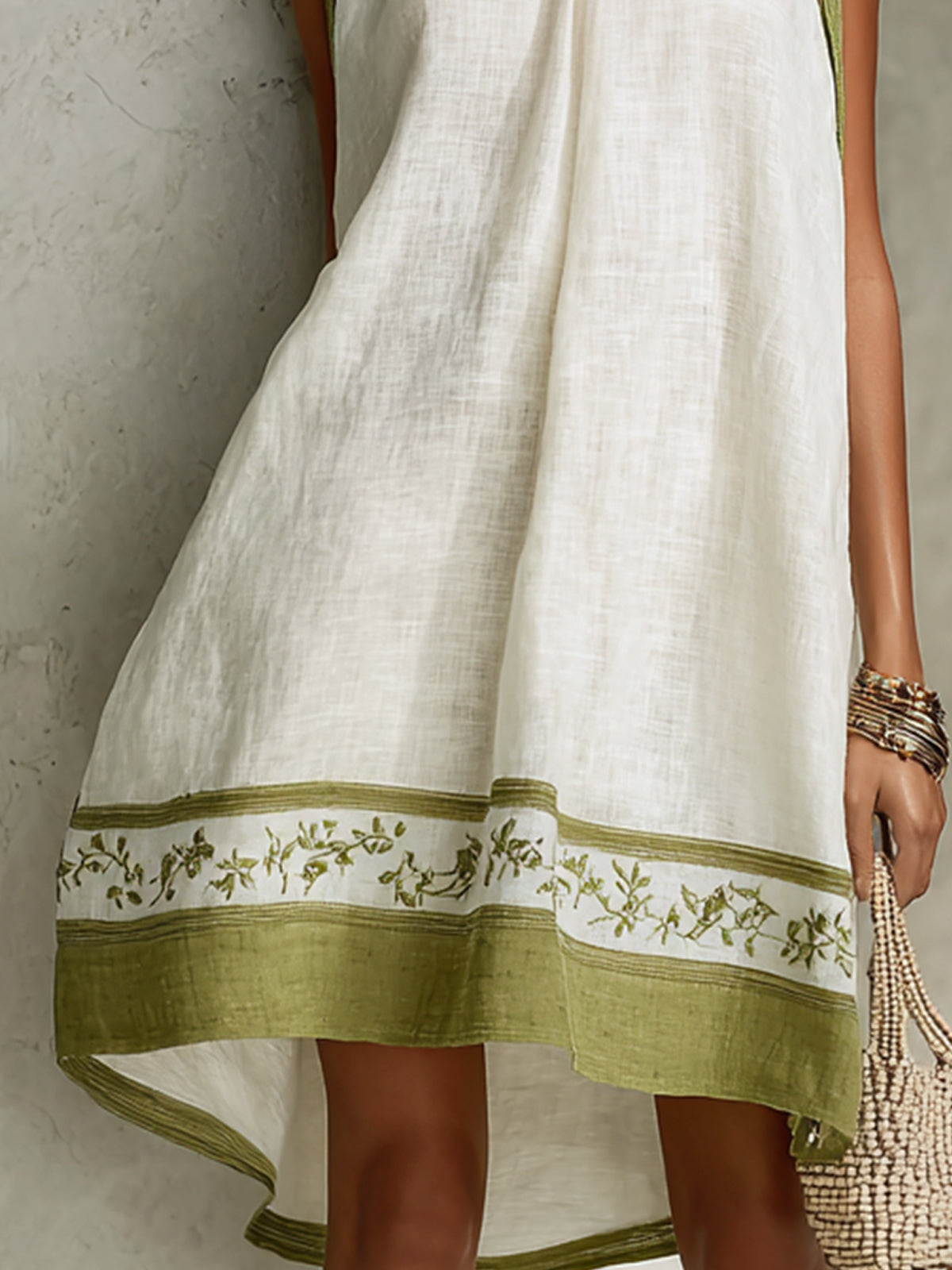 Sleeveless A-Line Mini Dress, White with Olive Green — view 5
