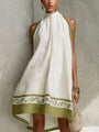 Sleeveless A-Line Mini Dress, White with Olive Green