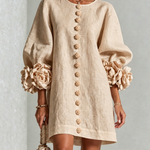 Beige Mini Dress with Floral Buttons and Rose-Shaped Cuffs — view 2
