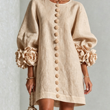 Beige Mini Dress with Floral Buttons and Rose-Shaped Cuffs — view 2