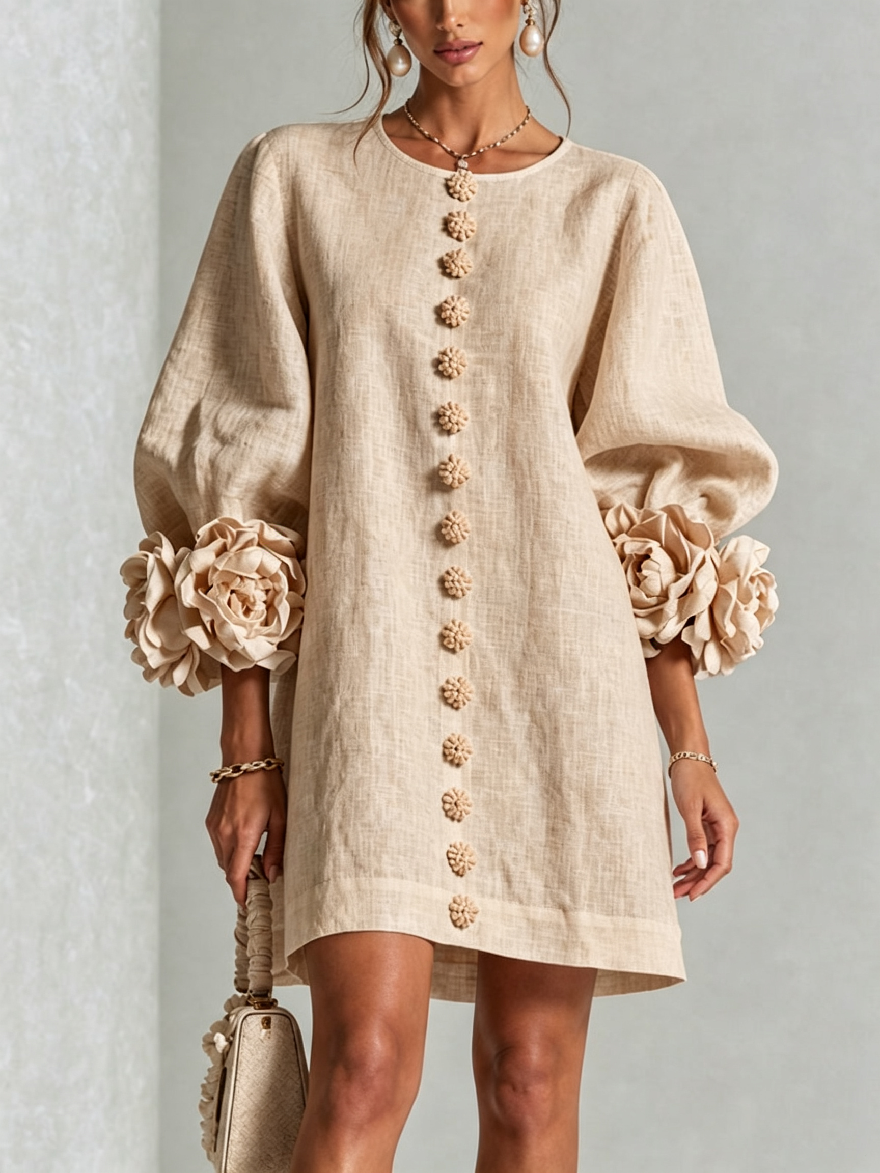 Beige Mini Dress with Floral Buttons and Rose-Shaped Cuffs — view 2