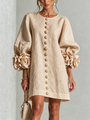 Beige Mini Dress with Floral Buttons and Rose-Shaped Cuffs — view 2