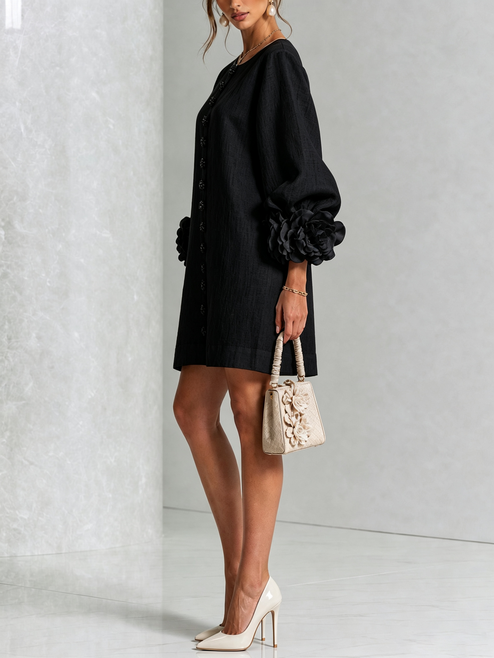 Black Mini Dress with Floral Buttons and Rose-Shaped Cuffs — view 3