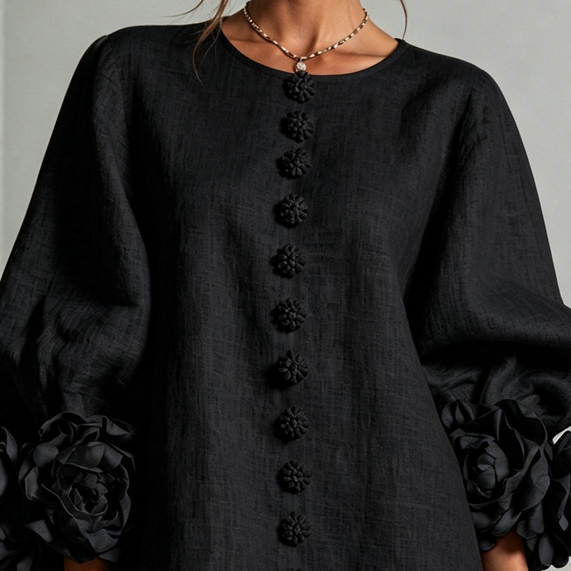 Black Mini Dress with Floral Buttons and Rose-Shaped Cuffs