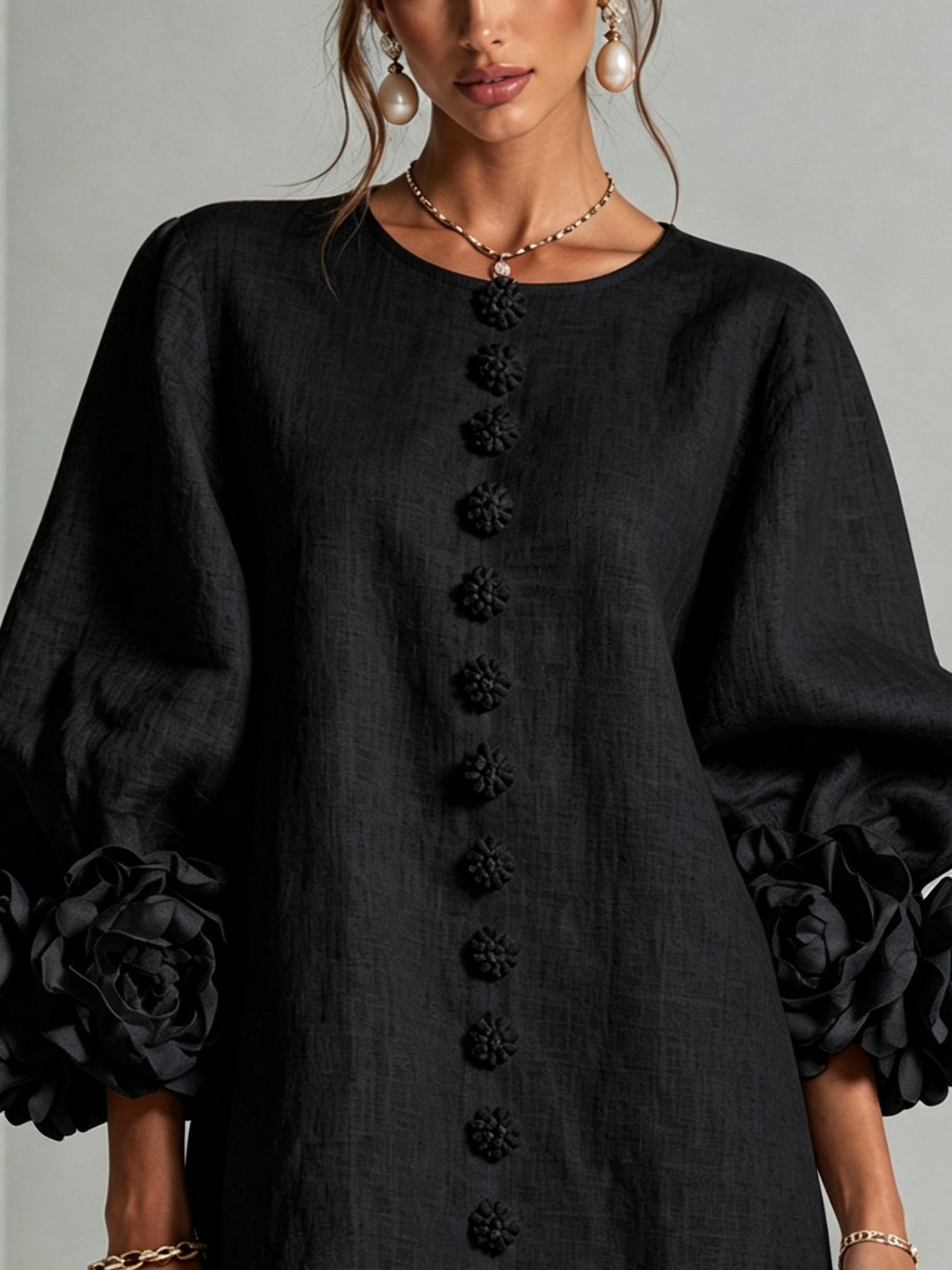 Black Mini Dress with Floral Buttons and Rose-Shaped Cuffs