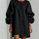 Black Mini Dress with Floral Buttons and Rose-Shaped Cuffs — view 2