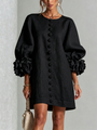 Black Mini Dress with Floral Buttons and Rose-Shaped Cuffs — view 2