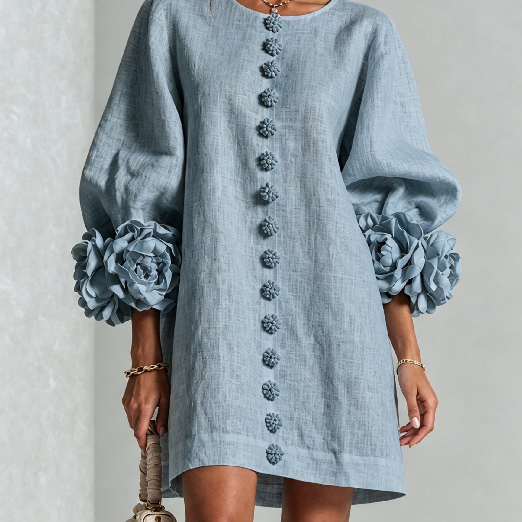 Dusty Blue Mini Dress with Floral Buttons and Special Cuffs — view 2