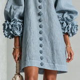 Dusty Blue Mini Dress with Floral Buttons and Special Cuffs — view 6