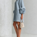 Dusty Blue Mini Dress with Floral Buttons and Special Cuffs — view 3
