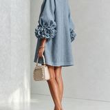 Dusty Blue Mini Dress with Floral Buttons and Special Cuffs — view 4