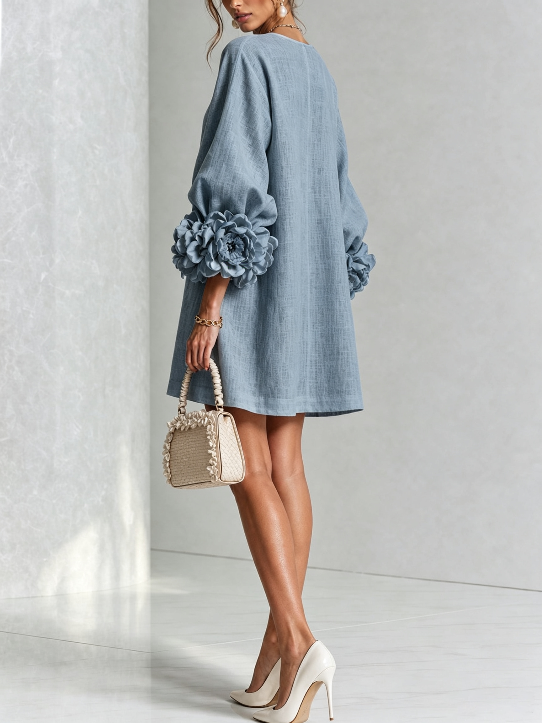 Dusty Blue Mini Dress with Floral Buttons and Special Cuffs — view 4