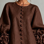 Chocolate Brown Mini Dress with Floral Buttons and Special Cuffs