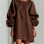 Chocolate Brown Mini Dress with Floral Buttons and Special Cuffs — view 2