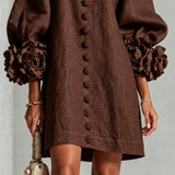 Chocolate Brown Mini Dress with Floral Buttons and Special Cuffs — view 6