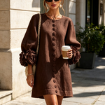 Chocolate Brown Mini Dress with Floral Buttons and Special Cuffs — view 5