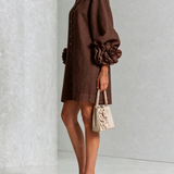 Chocolate Brown Mini Dress with Floral Buttons and Special Cuffs — view 3