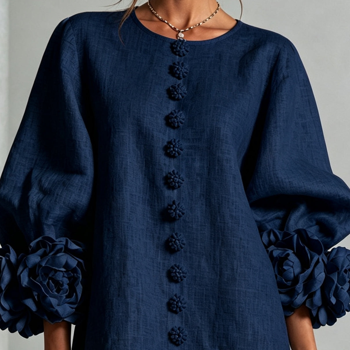 Mini Dress in Navy with Floral Buttons and Rose-Shaped Cuffs