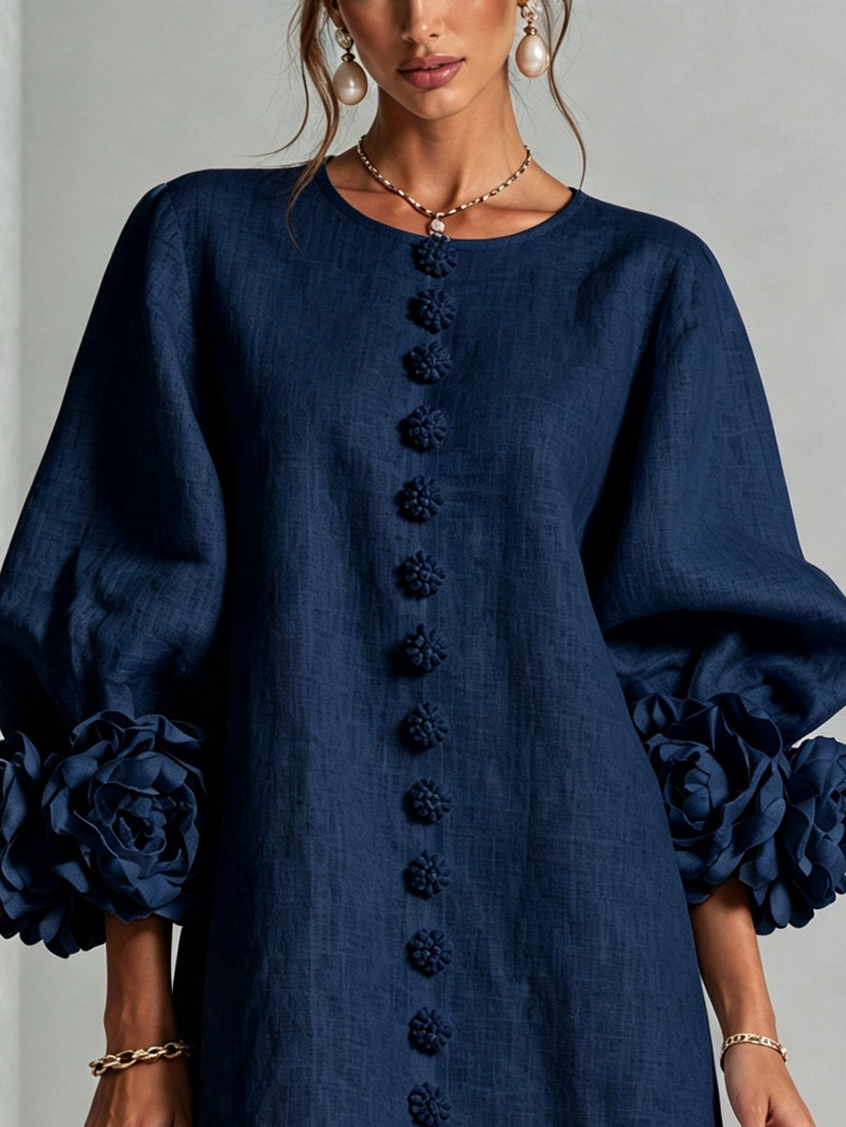 Mini Dress in Navy with Floral Buttons and Rose-Shaped Cuffs