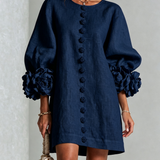 Mini Dress in Navy with Floral Buttons and Rose-Shaped Cuffs — view 2