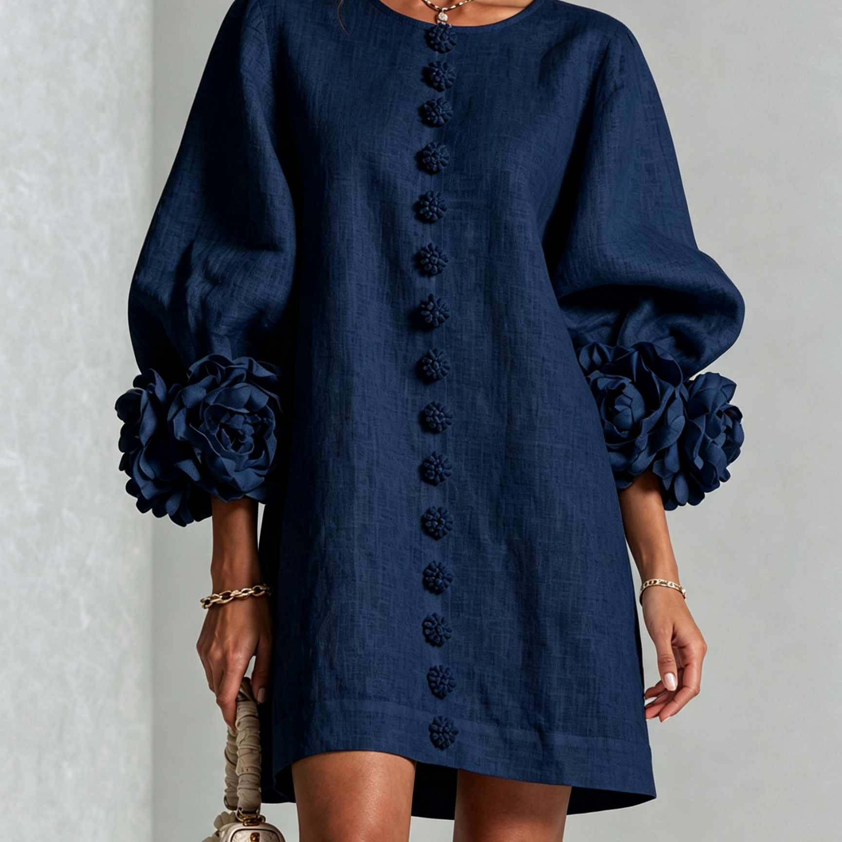 Mini Dress in Navy with Floral Buttons and Rose-Shaped Cuffs — view 2