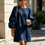 Mini Dress in Navy with Floral Buttons and Rose-Shaped Cuffs — view 5