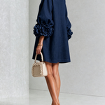 Mini Dress in Navy with Floral Buttons and Rose-Shaped Cuffs — view 4