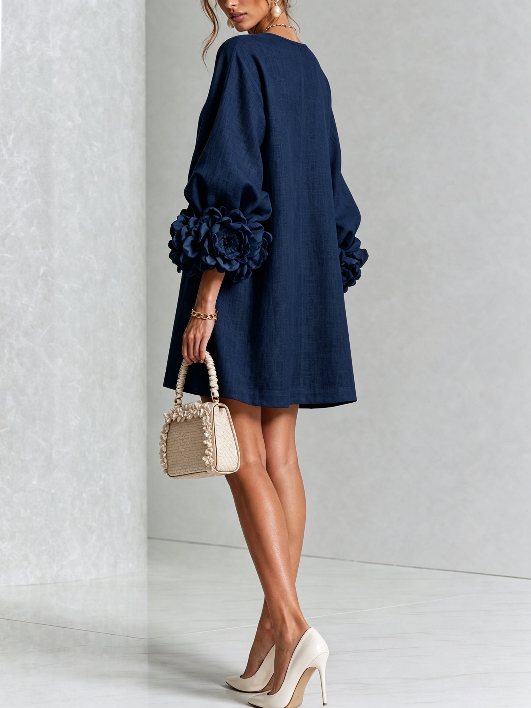 Mini Dress in Navy with Floral Buttons and Rose-Shaped Cuffs — view 4