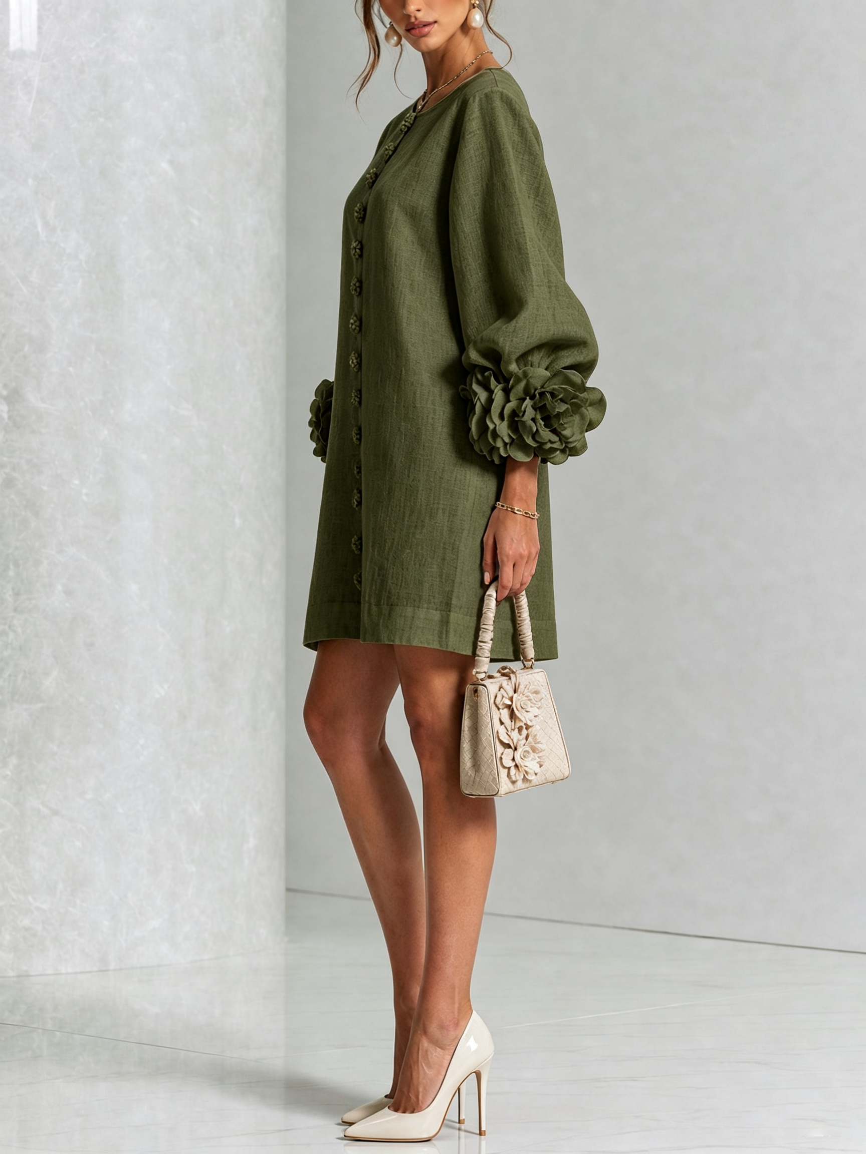 Mini Dress with Floral Cuffs and Decorative Buttons — view 3