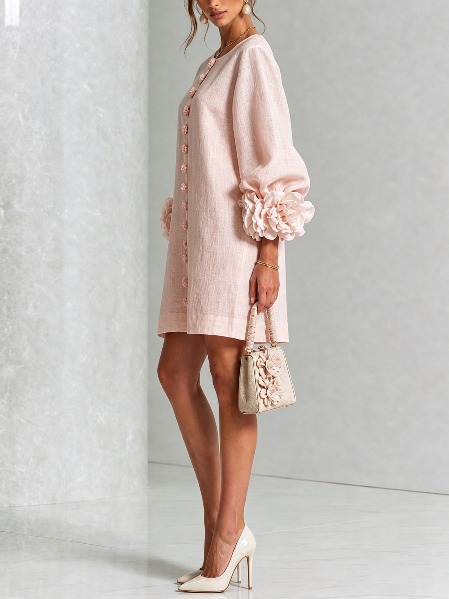Pink Mini Dress with Floral Buttons and Rose-Shaped Cuffs — view 3