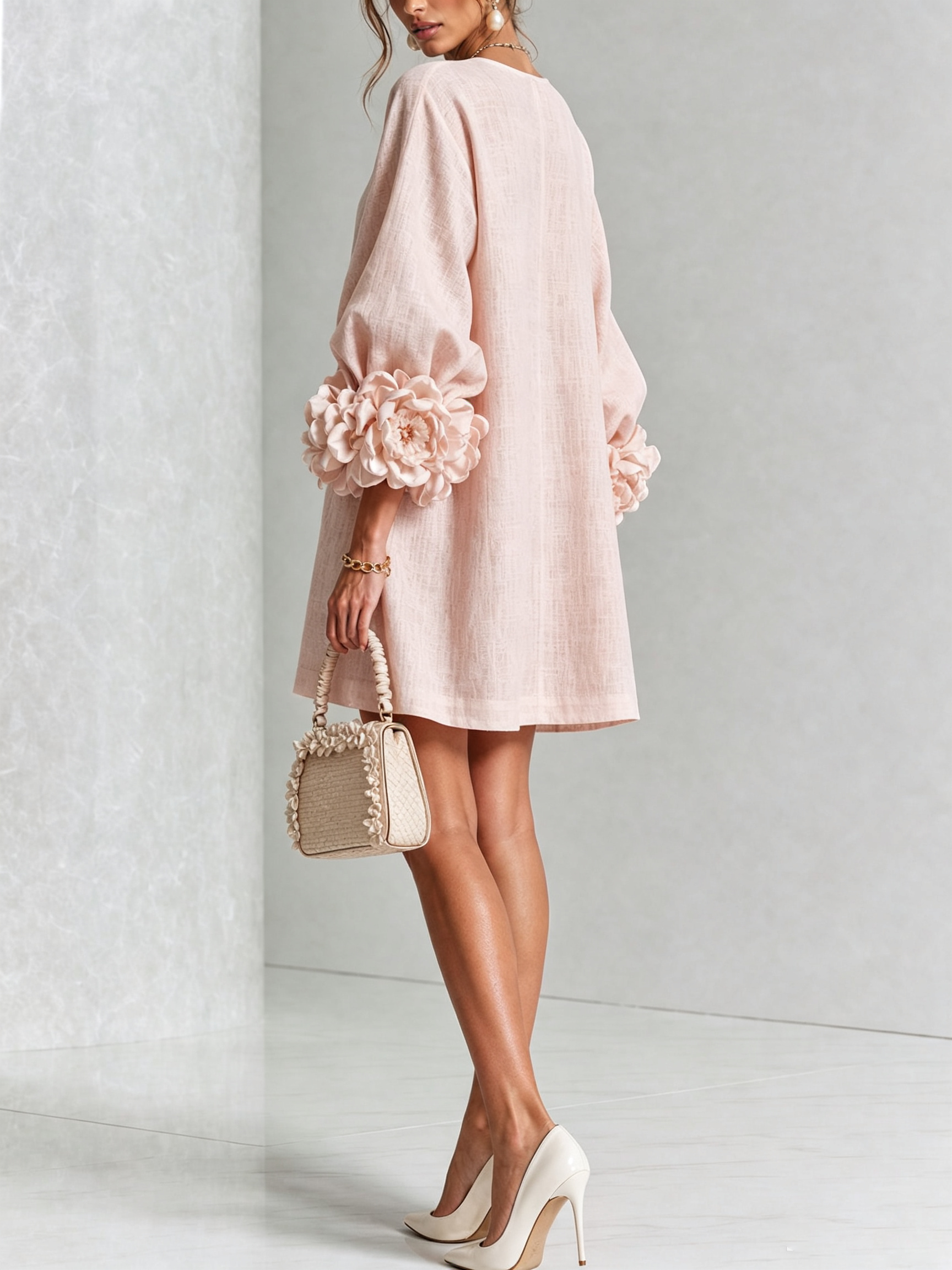 Pink Mini Dress with Floral Buttons and Rose-Shaped Cuffs — view 4