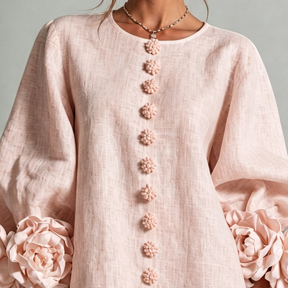 Pink Mini Dress with Floral Buttons and Rose-Shaped Cuffs