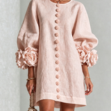 Pink Mini Dress with Floral Buttons and Rose-Shaped Cuffs — view 2