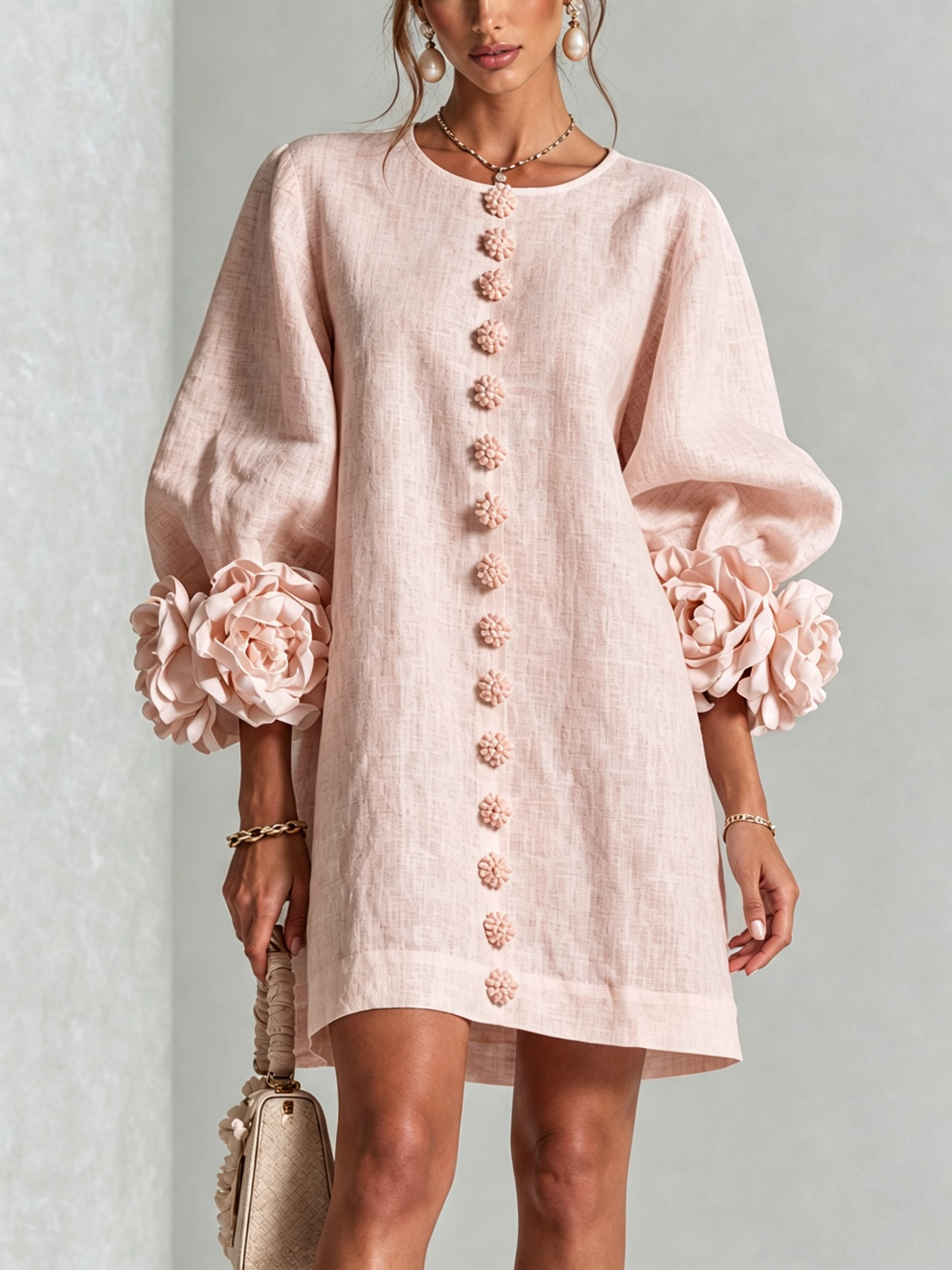 Pink Mini Dress with Floral Buttons and Rose-Shaped Cuffs — view 2