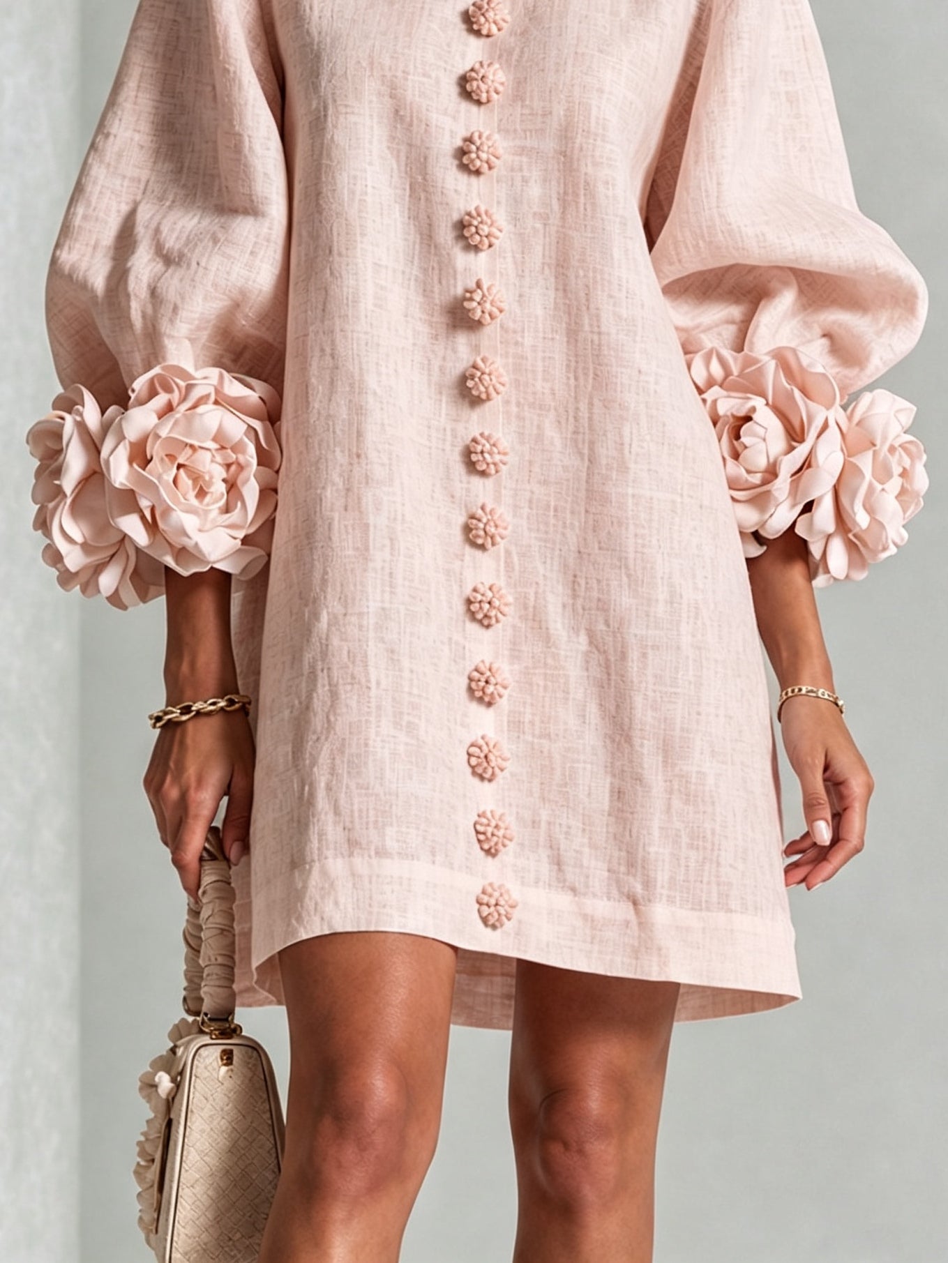 Pink Mini Dress with Floral Buttons and Rose-Shaped Cuffs — view 7