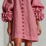 Retro Mini Dress with Floral Buttons and Striking Cuffs — view 6