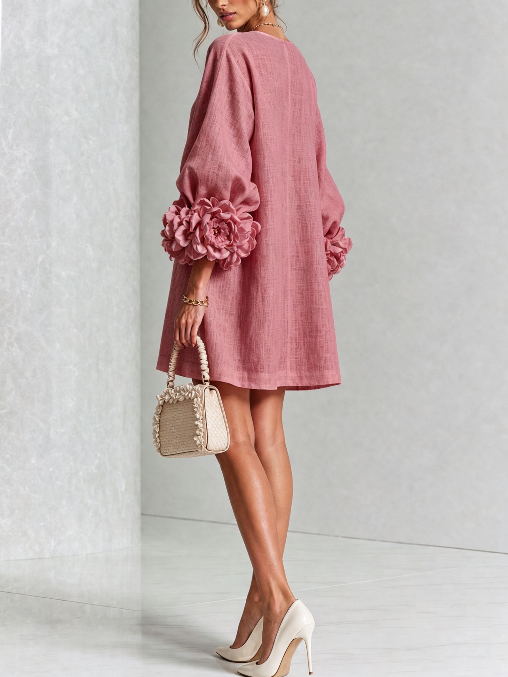 Retro Mini Dress with Floral Buttons and Striking Cuffs — view 4