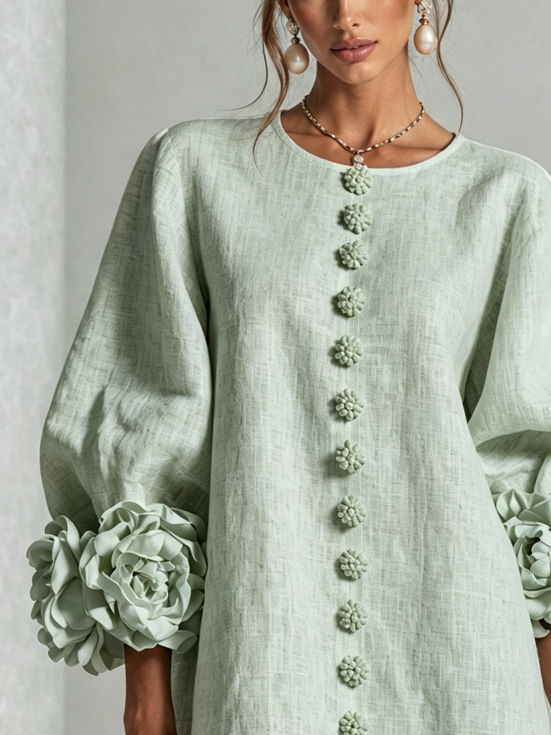 Sage Green Mini Dress with Floral Buttons and Flower Cuffs — view 6