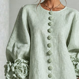 Sage Green Mini Dress with Floral Buttons and Flower Cuffs — view 6