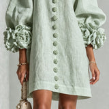 Sage Green Mini Dress with Floral Buttons and Flower Cuffs — view 7