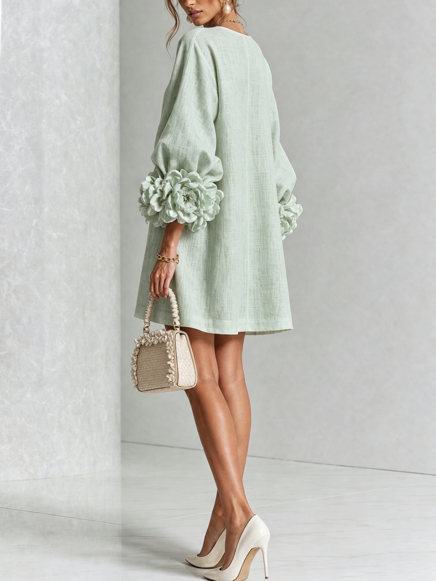 White Floral Mini Dress with Decorated Cuffs — view 31